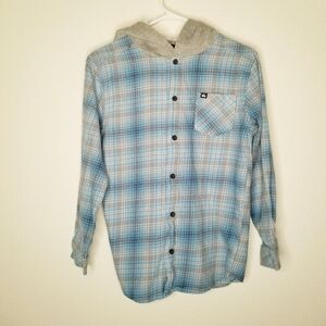 Quiksilver Youth L 14-16 Flannel Hoodie Shirt Gray Aqua Like New